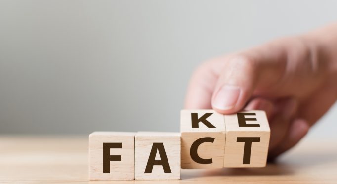 Fact or Fake concept, Hand flip wood cube change the word, April fools day